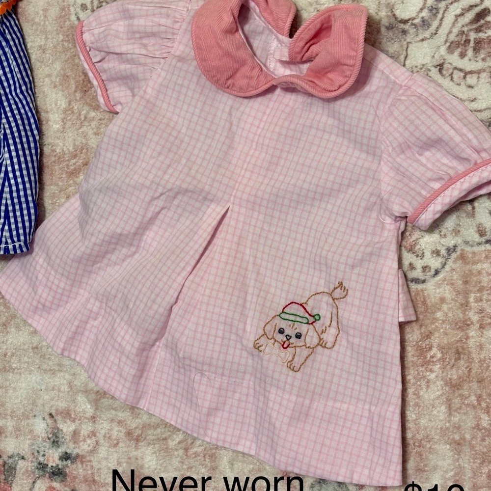Pink Checkered Baby Top with Embroidered Puppy